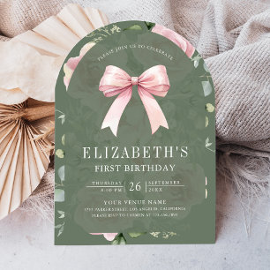 Invitation Coquette Florale Rose Ruban Vert Sauge Premier Ann