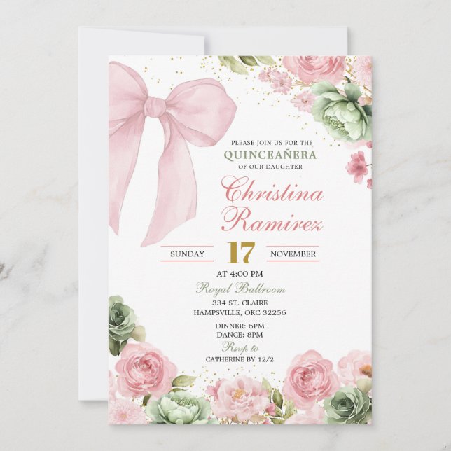 Invitation Coquette Florale Rose Sauge Quinceanera (Devant)