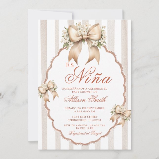 Invitation Coquette florale Stripe Es Nina Baby shower espagn (Devant)
