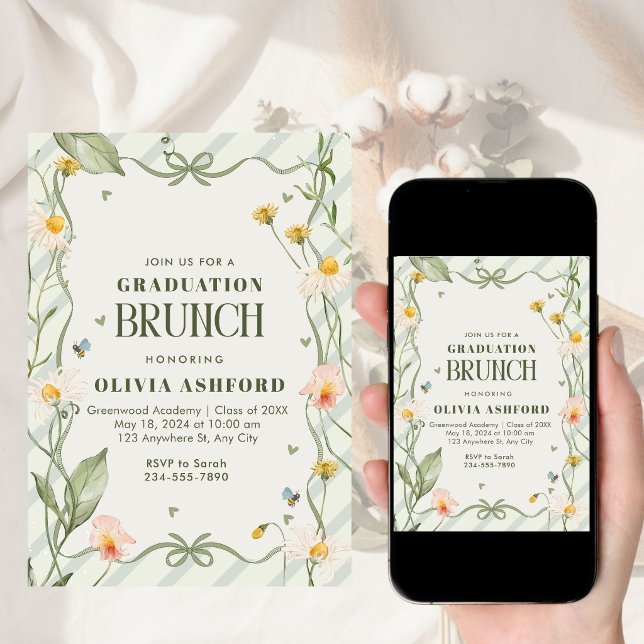 Invitation Coquette Florale Verte Élégant Brunch de remise de (Créateur téléchargé)