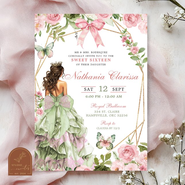 Invitation Coquette Forêt Enchantée Sauge Blush Rose Douce 16 (Créateur téléchargé)