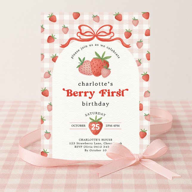 Invitation Coquette Fraise Baie Premier 1er Anniversaire (Créateur téléchargé)