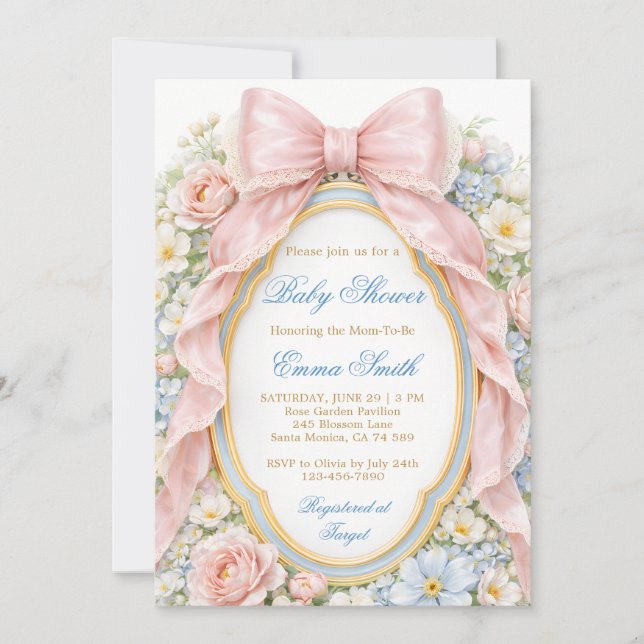 Invitation Coquette Girly Pink Bow Floral Baby Shower (Devant)
