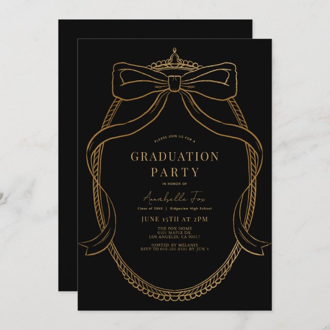 Invitation Coquette Gold Bow Ribbon Black Graduation Party (Devant / Derrière)