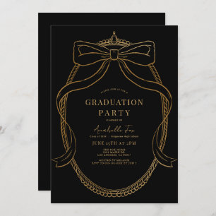 Invitation Coquette Gold Bow Ribbon Black Graduation Party