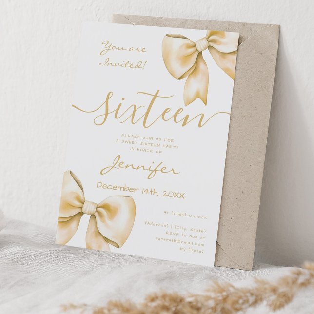 Invitation Coquette Gold Bow Sweet 16 Anniversaire (Coquette Gold Bow Sweet 16 Birthday Invitation)