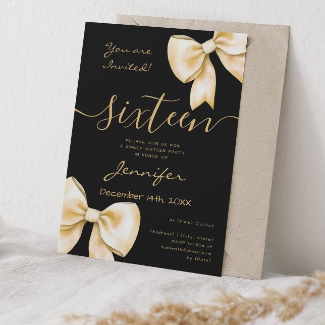 Invitation Coquette Gold Bow Sweet 16 Anniversaire Noir (Coquette Gold Bow Sweet 16 Birthday Black Invitation)