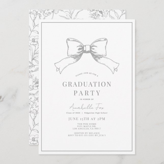 Invitation Coquette Grey Bow Ribbon Graduation Party (Devant / Derrière)