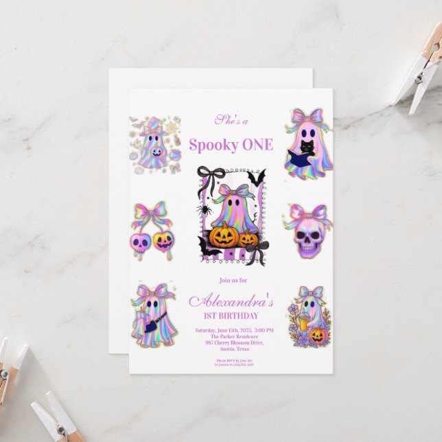 Invitation Coquette iridescente Anniversaire Halloween effray (Devant/Arrière en situation)