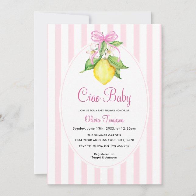 Invitation Coquette Lemon Pink Ciao Baby Shower (Devant)