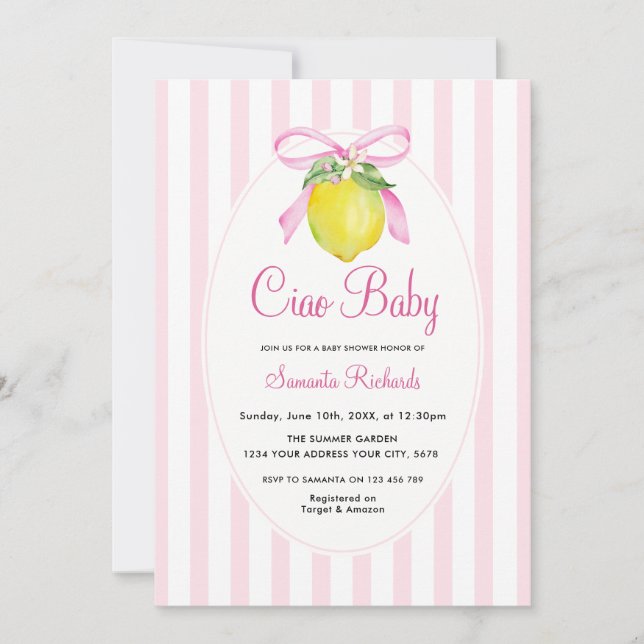 Invitation Coquette Lemon Rose Ciao Baby Shower (Devant)
