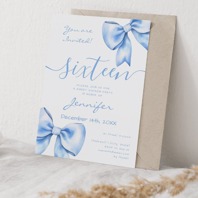 Invitation Coquette Marine Bleu Bow Sweet 16 Anniversaire (Coquette Navy Blue Bow Sweet 16 Birthday Invitation)