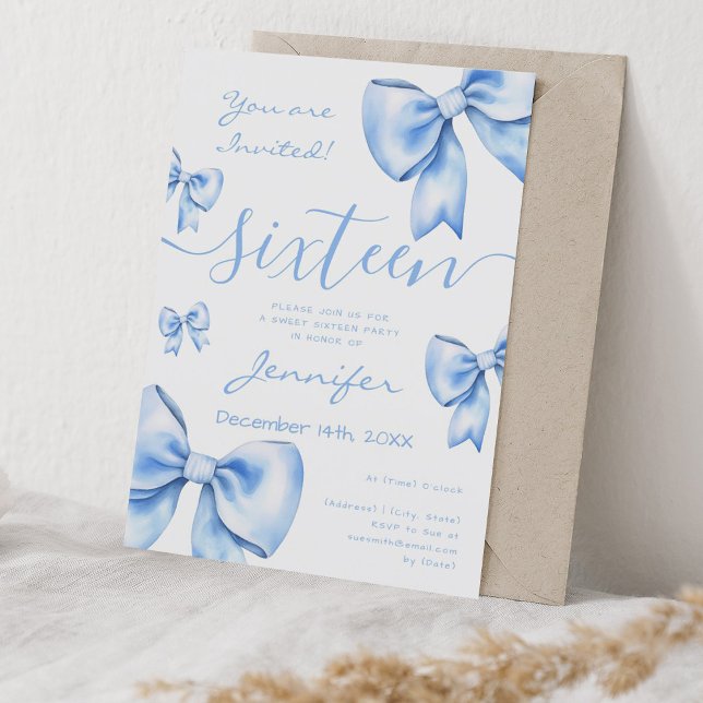 Invitation Coquette Marine Bleu Bow Sweet 16 Party (Coquette Navy Blue Bow Sweet 16 Party Invitation)