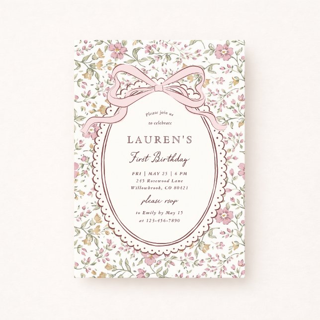 Invitation Coquette Meadow Floral Bow Premier Anniversaire  (Créateur téléchargé)