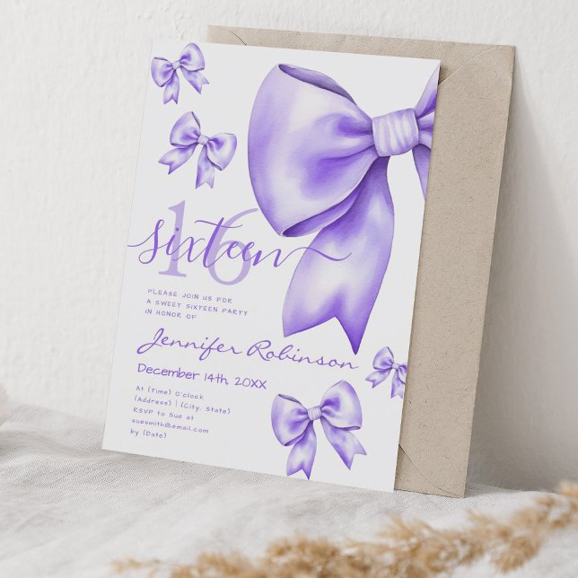 Invitation Coquette mignonne pourpre cou doux 16 (Cute Coquette Purple Bow Sweet 16 Invitation)