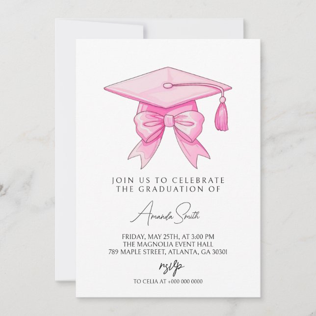 Invitation Coquette Nœud Rose Remise des diplômes (Devant)