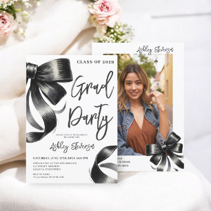 Invitation Coquette noir à l'aquarelle Bow Graduation Photo
