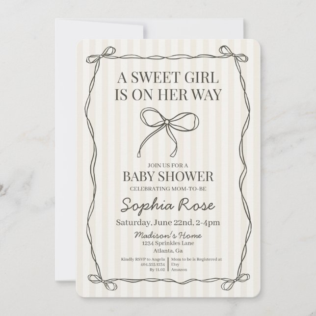 Invitation Coquette noire Bow Beige Baby shower rayé (Devant)