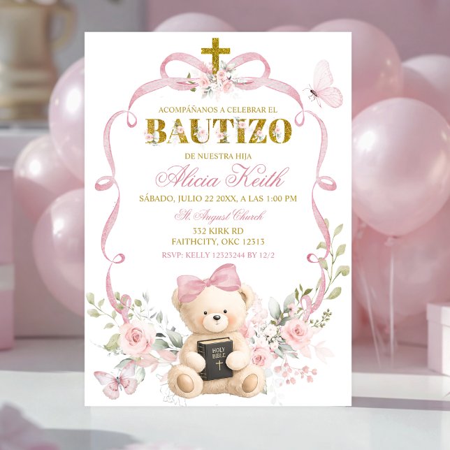 Invitation Coquette Ours à ruban floral rose Bauti (Créateur téléchargé)