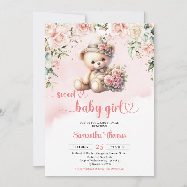 Invitation Coquette ours en peluche avec fleurs baby shower f (Devant)