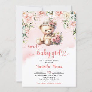 Invitation Coquette ours en peluche avec fleurs baby shower f