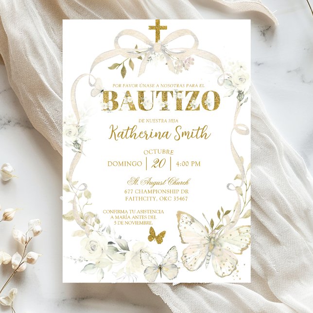 Invitation Coquette papillon floral blanc baptême espagnol (Créateur téléchargé)