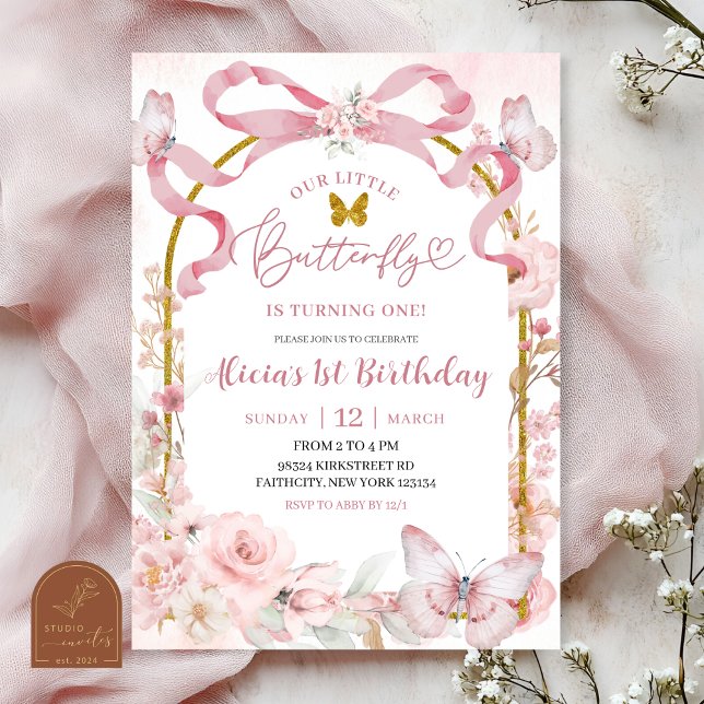 Invitation Coquette Papillon Ruban Rose pour 1er A (Créateur téléchargé)