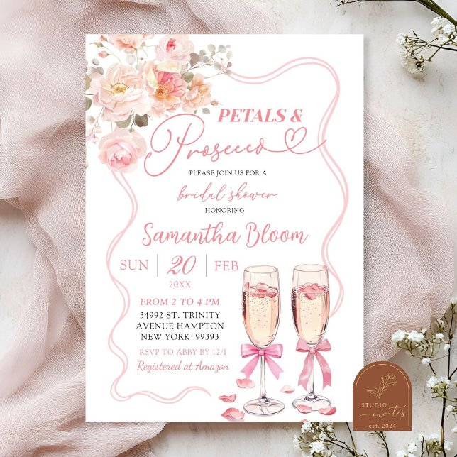 Invitation Coquette Pétales et Prosecco Ruban Rose (Créateur téléchargé)