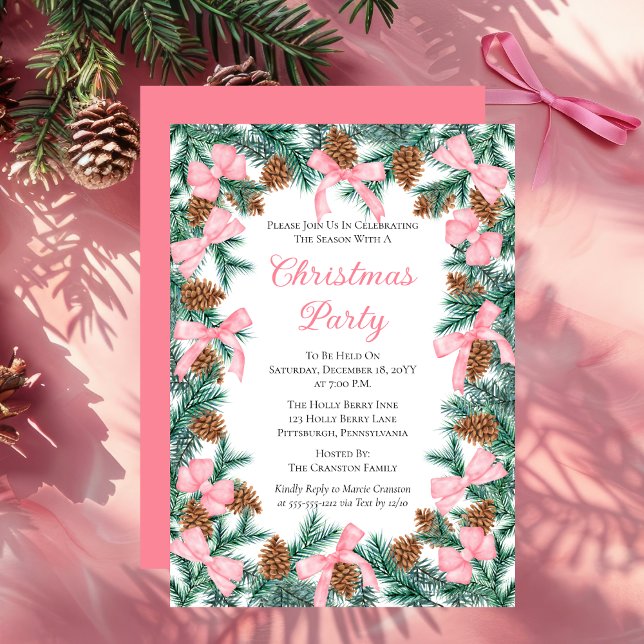 Invitation Coquette Pine Boughs et Bows Noël (Elegant Coquette Style Pink Bows and Evergreen Pine Greenery Christmas Party Invitation)
