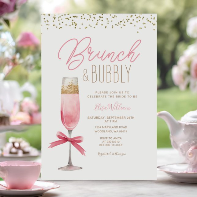 Invitation Coquette Pink Bow Brunch & Fête des mariées Bubbly (Créateur téléchargé)
