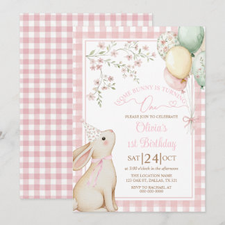 Invitation Coquette Pink Bow Bunny Rabbit Girl 1st Birthday