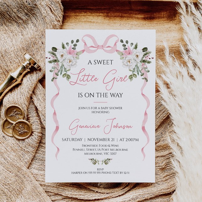 Invitation Coquette Pink Bow Girls Hiver Baby shower Floral (Coquette Bow Winter Floral Baby Shower Invitation Girl, Pink Bow Baby Shower Invitation, Winter Bow)