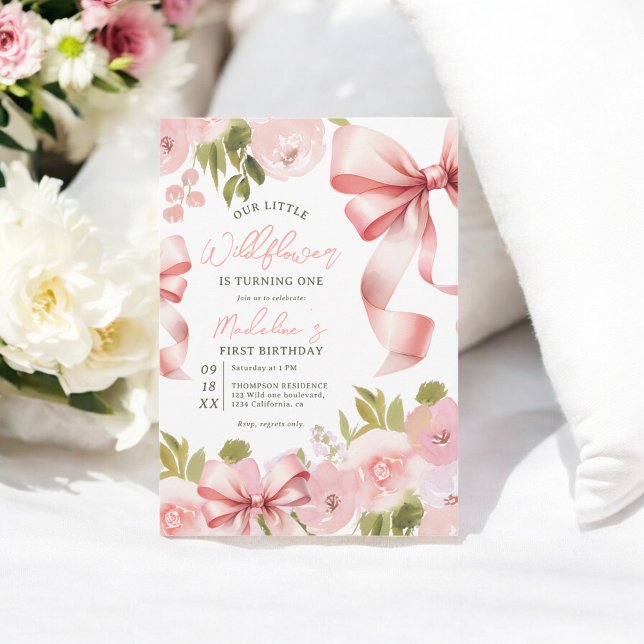 Invitation Coquette Pink Bow & Pastel Floral Premier Annivers (Coquette Pink Bow & Pastel Floral First Birthday Invitation)
