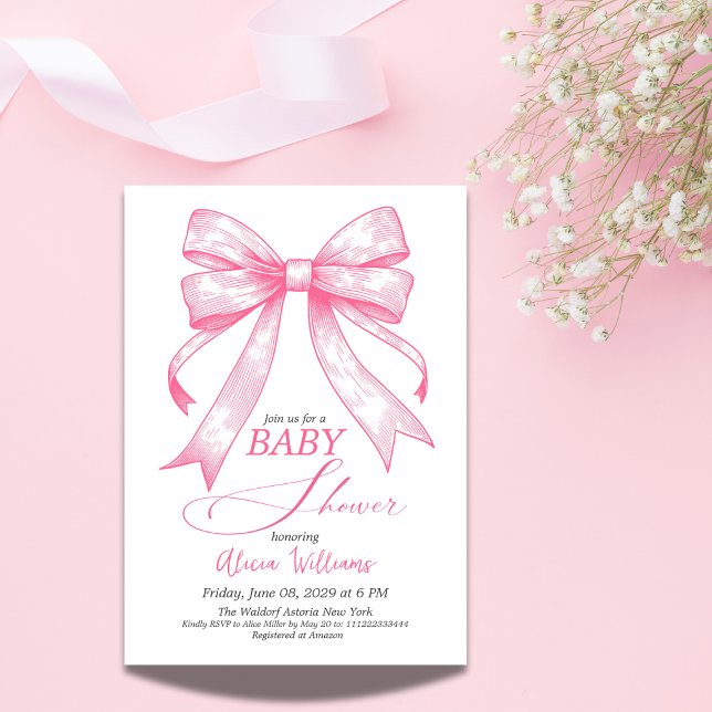Invitation Coquette Pink Bow Retro Baby shower fille (Créateur téléchargé)