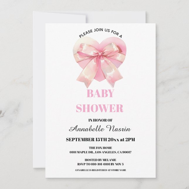 Invitation Coquette Pink Bow Ribbon Girl Baby Shower (Devant)