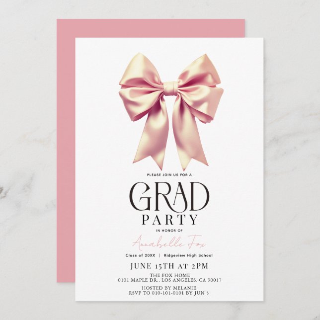 Invitation Coquette Pink Bow Ribbon Party de graduation (Devant / Derrière)