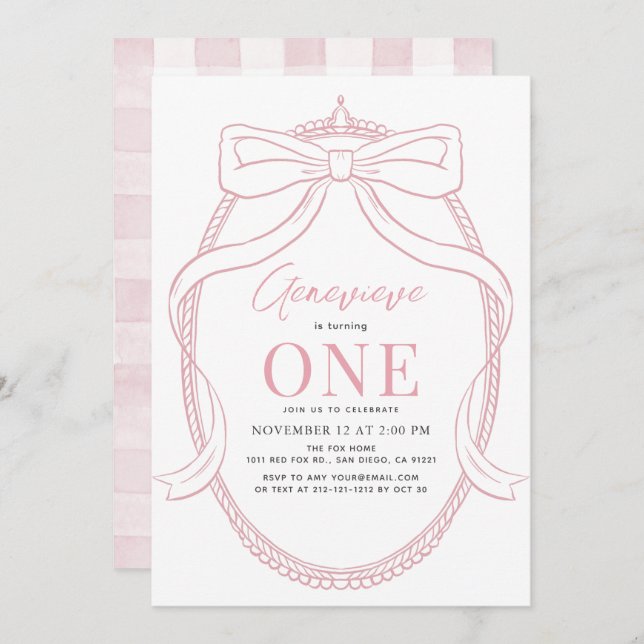 Invitation Coquette Pink Bow/Ruban Tiara Girl 1er anniversair (Devant / Derrière)