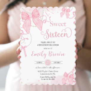 Invitation Coquette Pink Bows Pearls Sweet sixteen Anniversai