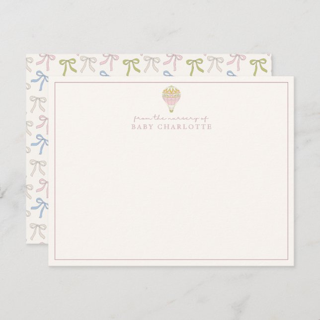 Invitation Coquette Pink Hot Air Balloon Nursery Note Card (Devant / Derrière)
