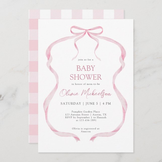 Invitation Coquette Pink Plaid Ribbon Bow Girl Baby shower (Devant / Derrière)