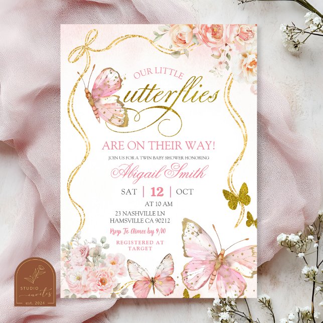Invitation Coquette Pink Twin Butterflies Baby Shower (Créateur téléchargé)