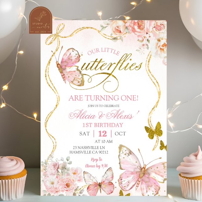 Invitation Coquette Pink Twin Butterflies Birthday (Créateur téléchargé)