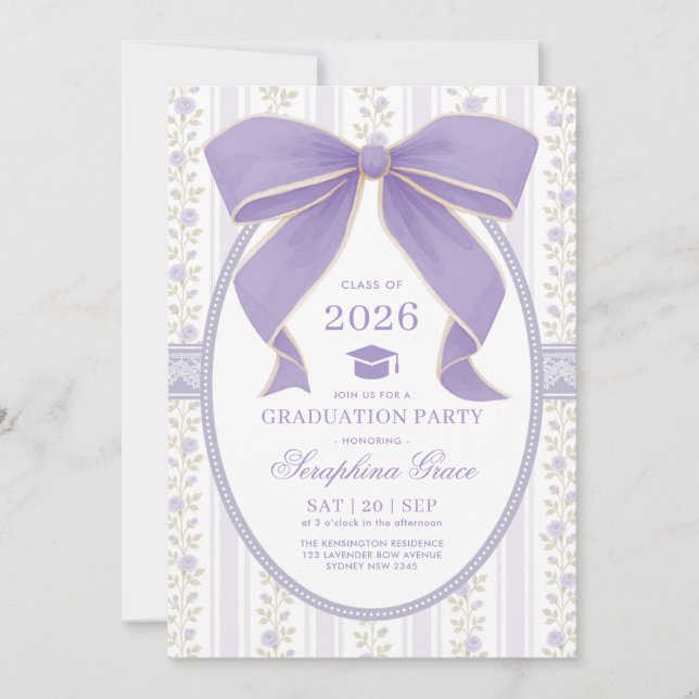 Invitation Coquette Purple Bow Shabby Chic Graduation Party (Devant)