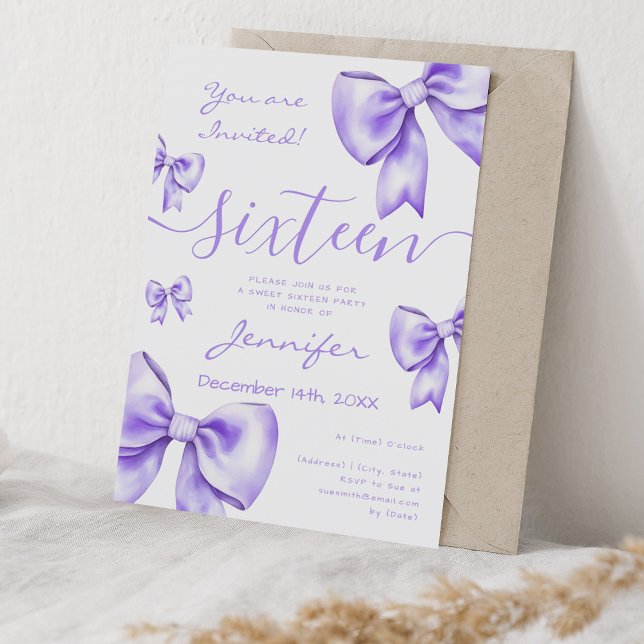Invitation Coquette Purple Bow Sweet 16 Party (Coquette Purple Bow Sweet 16 Party Invitation)