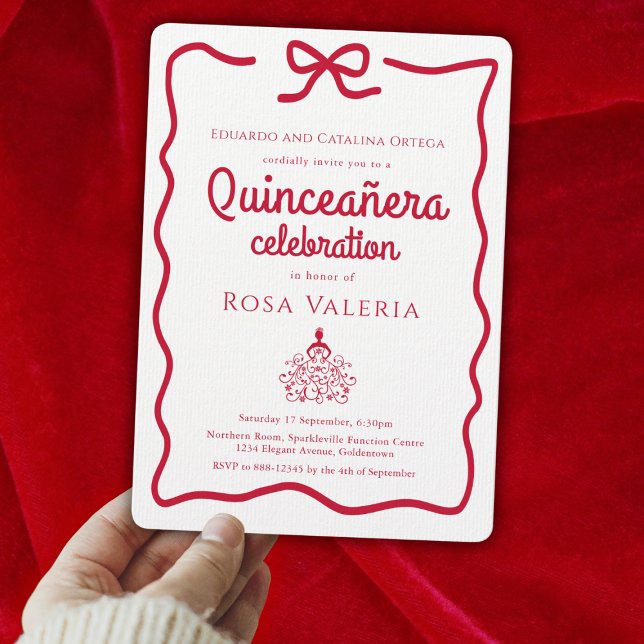 Invitation Coquette Quinceanera (Modern Quinceanera Invitation with coquette style red bow border)