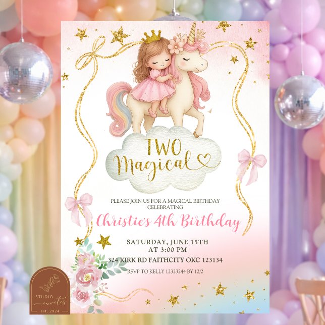 Invitation Coquette Rainbow Pastel Unicorn TWO Magical Birthd (Créateur téléchargé)