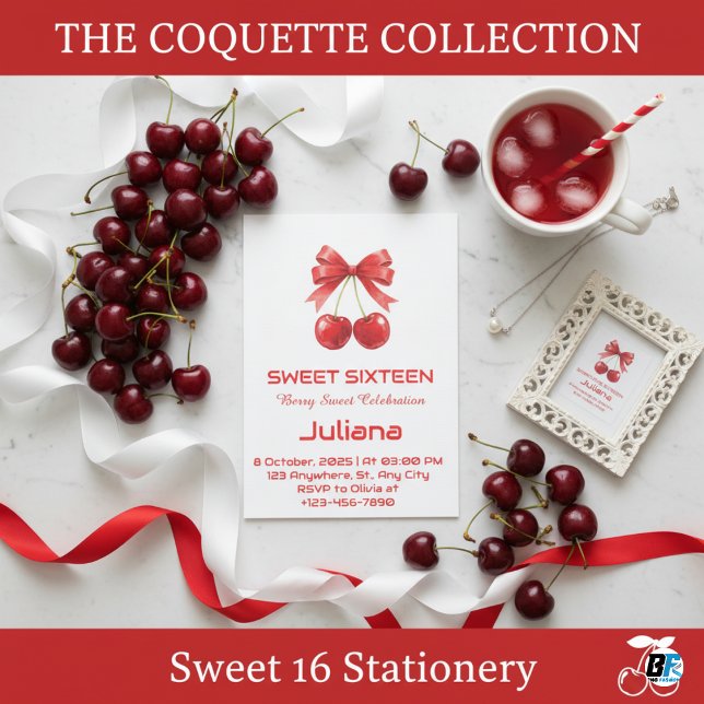 Invitation Coquette Red Cherry Bow Berry Sweet 16 Birthday (RED BERRY THEME)