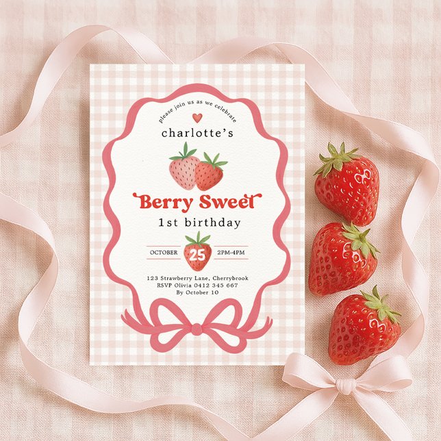 Invitation Coquette Red Strawberry Berry First 1st Birthday (Créateur téléchargé)