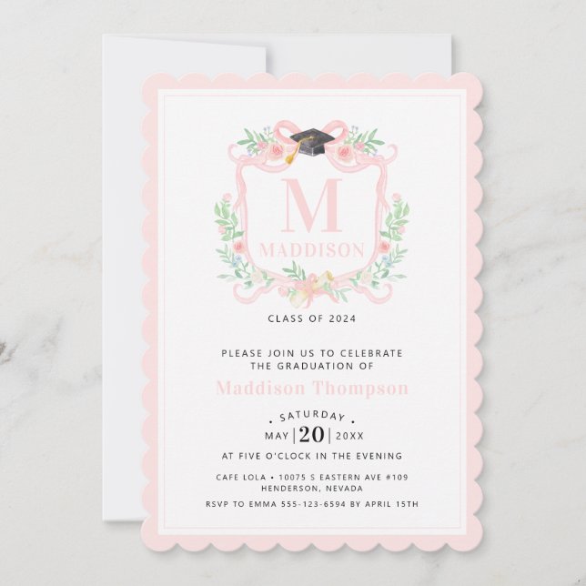 Invitation Coquette Ribbon Graduation Monogramme Crest (Devant)