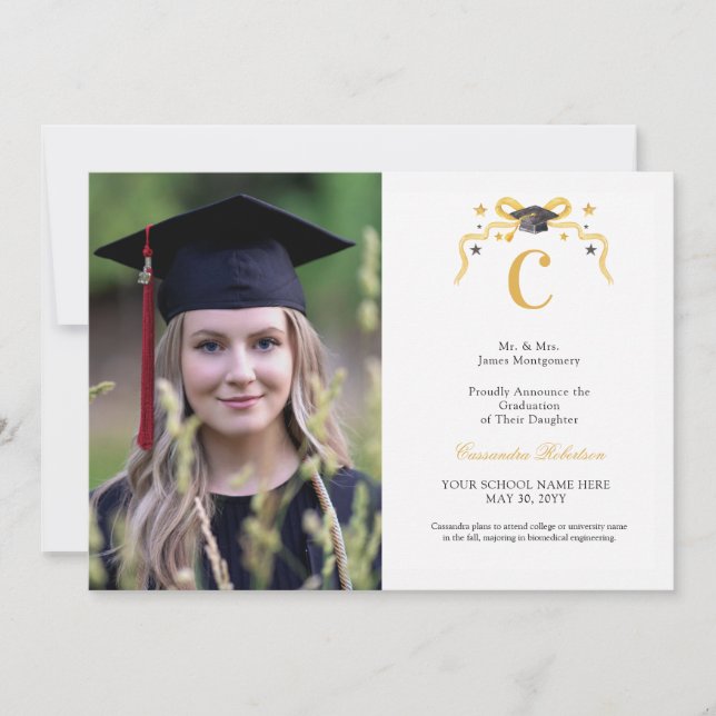 Invitation Coquette Ribbon Graduation Monogramme Crest (Devant)